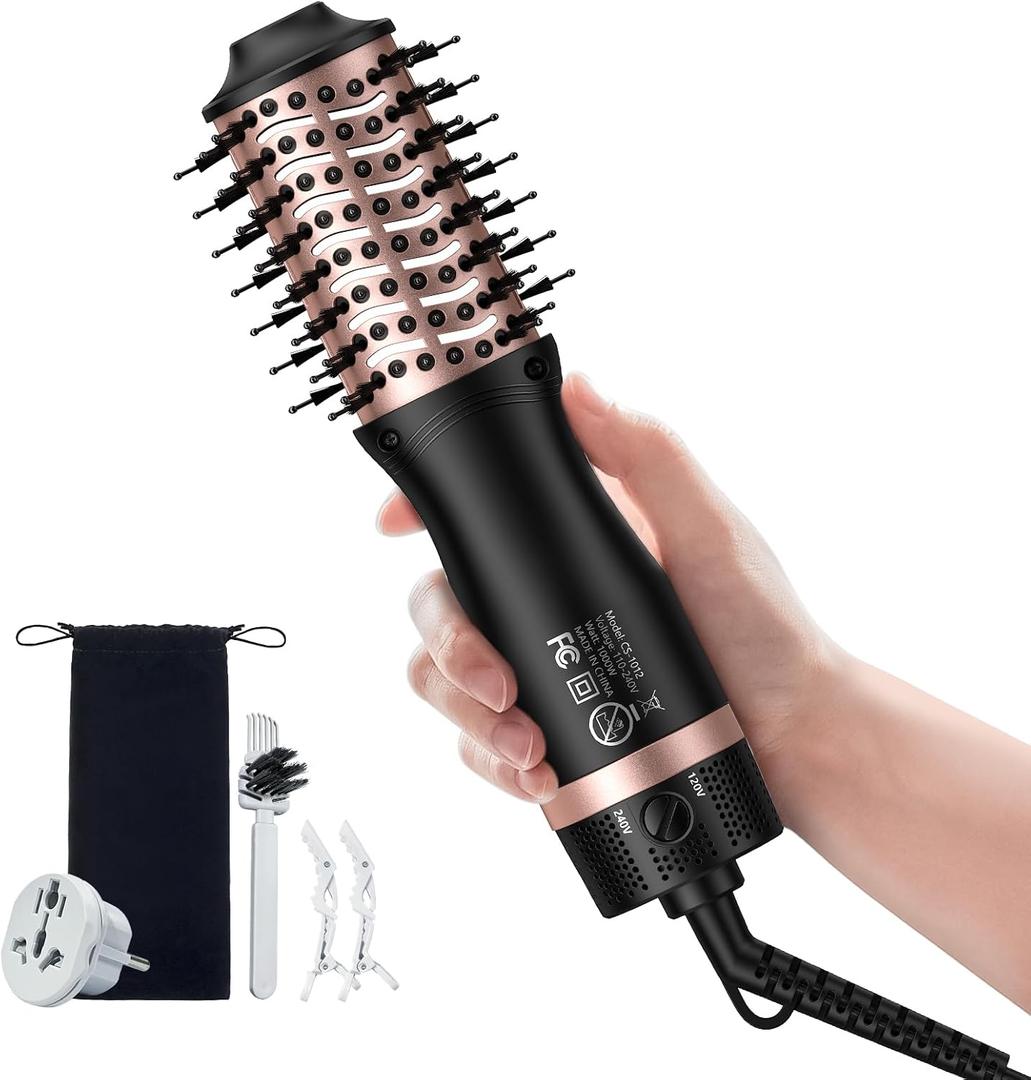 slopehill Mini Dual Voltage Hair Dryer Brush,1000 Watts Travel Hot Air Brush with European Plug, Ionic Hair Dryer and Styler for Women for Home & Salon, Oval Barrel 2 Heat & 2 Speed Settings (Black)