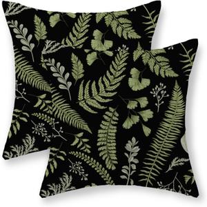 Green Leaf Plant Pillow Covers 18x18 Set of 2 Spring Tropical Fern Herbs Botanical Decorative Pillow Cases Vintage Leaves Floral Black Cushion Cover Decor Outdoor Throw Pillows for Couch Sofa