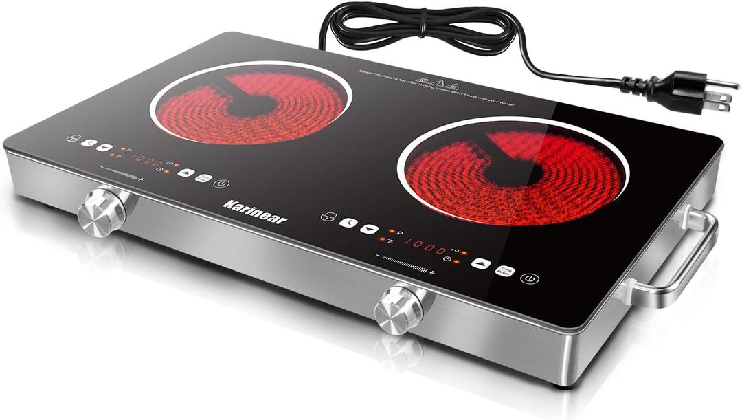 Karinear 2 Burner Electric Cooktop 110V,Portable Electric Stove with Handle