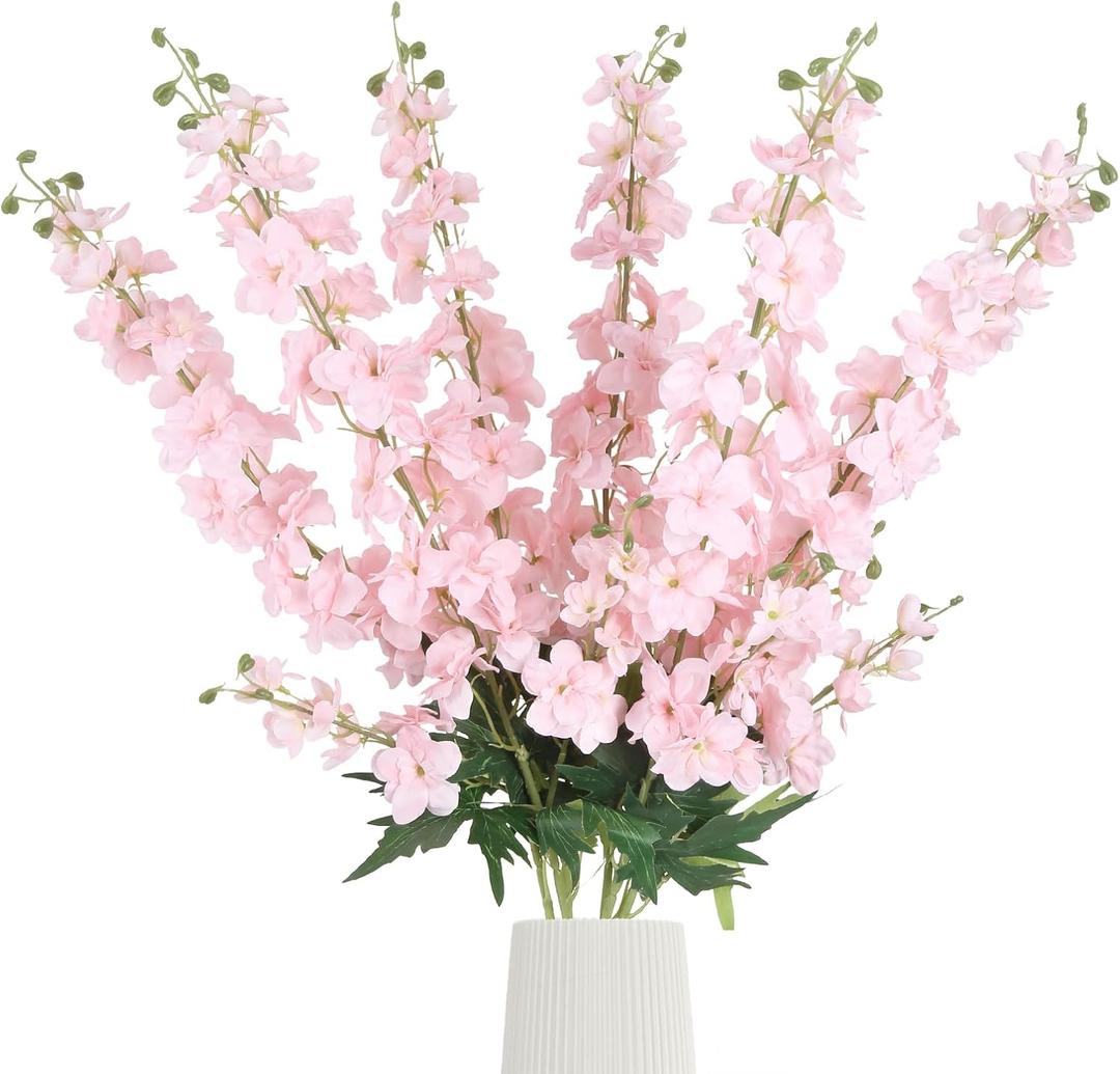 Rzoukler 6Pcs Pink Delphinium Artificial Flowers 37.4 Faux Silk Larkspur Flowers Long Stem Flowers for Floor Vase Table Centerpiece Home Wedding Party Garden Decoration(Pink)