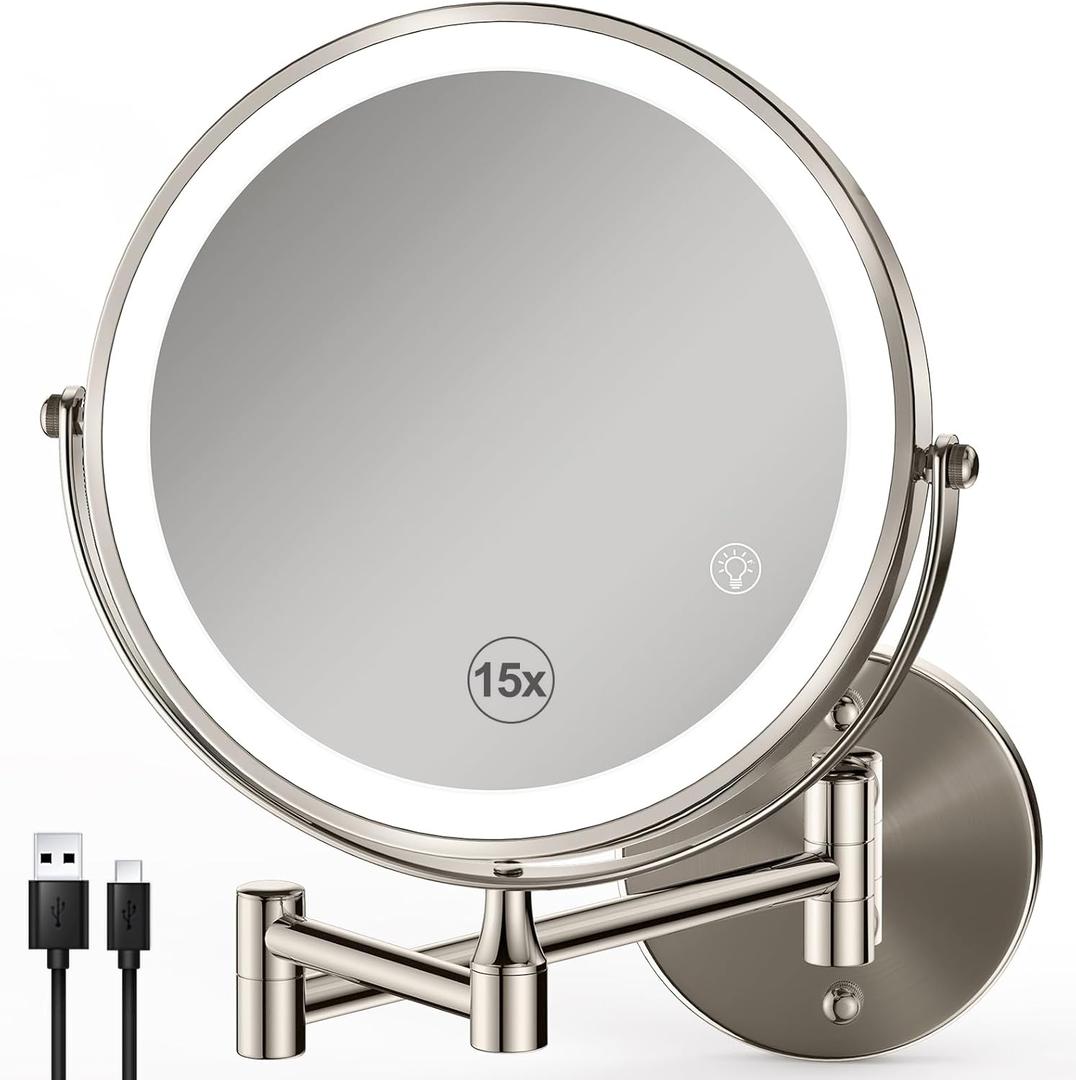 Magnifying Mirror with Lights 1x/15x: 8.5" Double Sided Wall Mounted Lighted Makeup Mirror for Bathroom, Brushed Nickel
