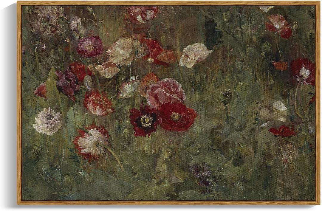 InSimSea Framed Canvas Wall Art Vintage Decor, Flowers Canvas Wall Art Modern Farmhouse Decor, Botanical Wall Art Painting for Office, Bedroom Bathroom Office home Decor, 24"x36" (36L" x 24W", A Bed of Poppies)