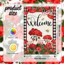 2 x Spring Welcome Garden Flag, Bee Red Geranium Floral Buffalo Plaid Small Burlap Yard Flag, House Seasonal Farmhouse Outside Outdoor Decoration 12.5 x 18 Inch