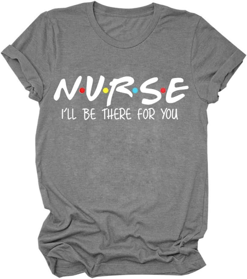 Nurse I Will Be There for You T-Shirt Women Letter Print Shirt Short Sleeve Casual Graphic Tee Tops (3X-Large, Deep Gray)