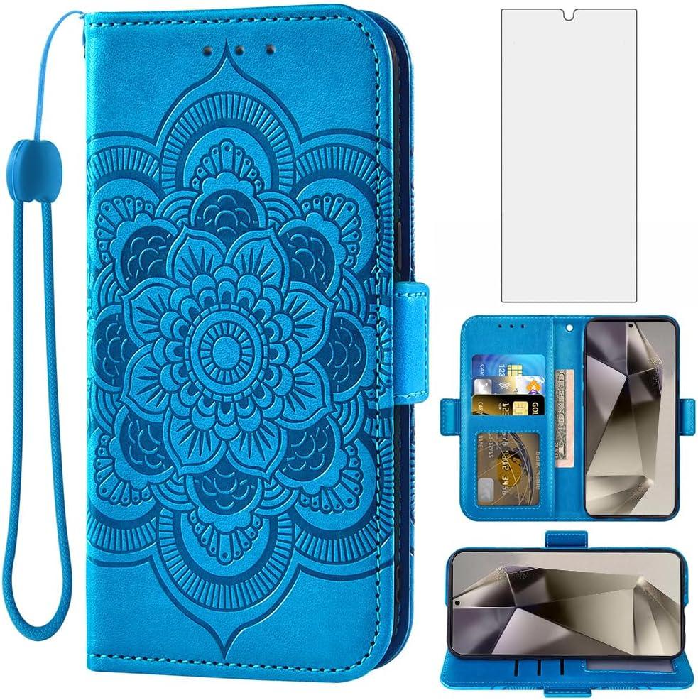 Asuwish Phone Case for Samsung Galaxy S24 Ultra 5G Wallet Cover with Tempered Glass Screen Protector and Leather Flip Credit Card Holder Stand Cell Accessories S24Ultra 24S S 24 24Ultra Women Men Blue