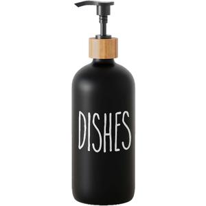 Glass Soap Dispenser for Kitchen Sink and Bathroom - Modern Farmhouse Decor, Hand Soap Dispenser for Kitchen Sink Decor (Black-dishes)
