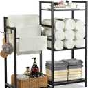 Aquzee Towel Storage for Bathroom, 3-Tier Towel Drying Rack Stand, Standing Towel Racks, 2 Hooks for Looafhs, Towel Holder for Rolled Folded Drying Towels, Black