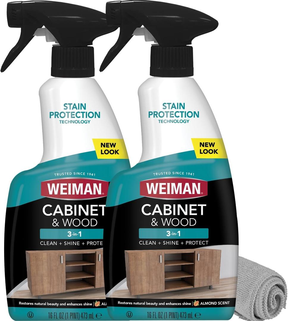 Weiman Cabinet and Wood Cleaner, Shine, Clean and Protect Spray - For Wood Cabinets, Furniture, Tables, Baseboards, Trim and more, 16 oz, 2 PACK with MicroFiber Towel