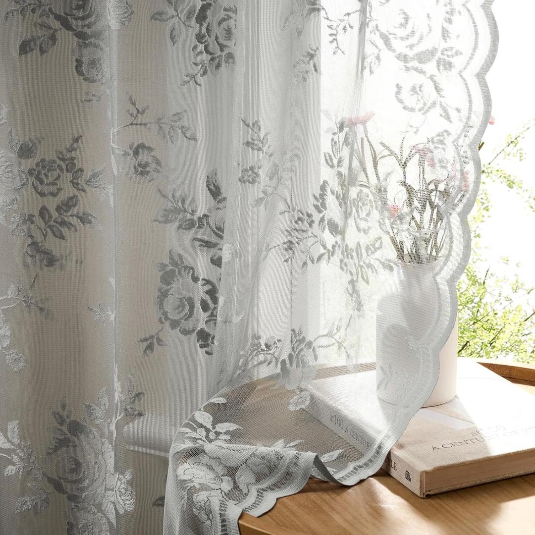 Gray Lace Curtains 84 Inches Long 2 Panels Victorian Grey Floral Sheer Curtains for Living Room Bedroom Botanical Embroidery Decor Rod Pocket Light Filtering Window Curtain for Dining Room, 52x84