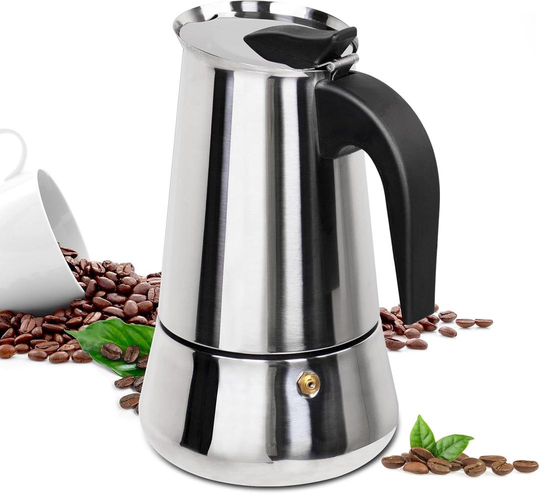 6 Cup Moka Pot Stainless Steel 300ml Italian Espresso Coffee Maker Stovetop CoffeeMakers Mocha Pot Percolator for Induction Stove Classic Cafe Makers Portable for Easy Brewing Tummy