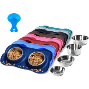 Hubulk Pet Dog Bowls 2 Stainless Steel Dog Bowl with No Spill Non-Skid Silicone Mat + Pet Food Scoop Water and Food Feeder Bowls for Feeding Small Medium Large Dogs Cats Puppies (Medium, Navy Blue)