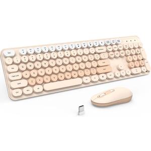 Wireless Keyboard and Mouse, Silent Keyboard Mouse Combo, Full-Sized Colorful Typewriter Keyboard with Round Keycaps, 2.4G Cute Mouse Compatible with PC/Laptop/Computer(Milk Tea)