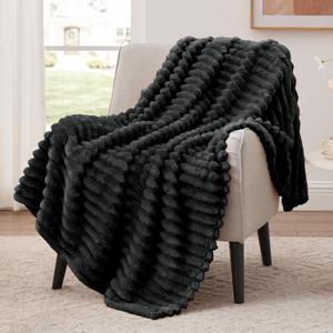 EXQ Home Fleece Throw Blanket for Couch or Bed - 3D Stripe Jacquard Decorative Blankets - Cozy Soft Lightweight Fuzzy Flannel Blanket Suitable for All Seasons(50"×60",Black)