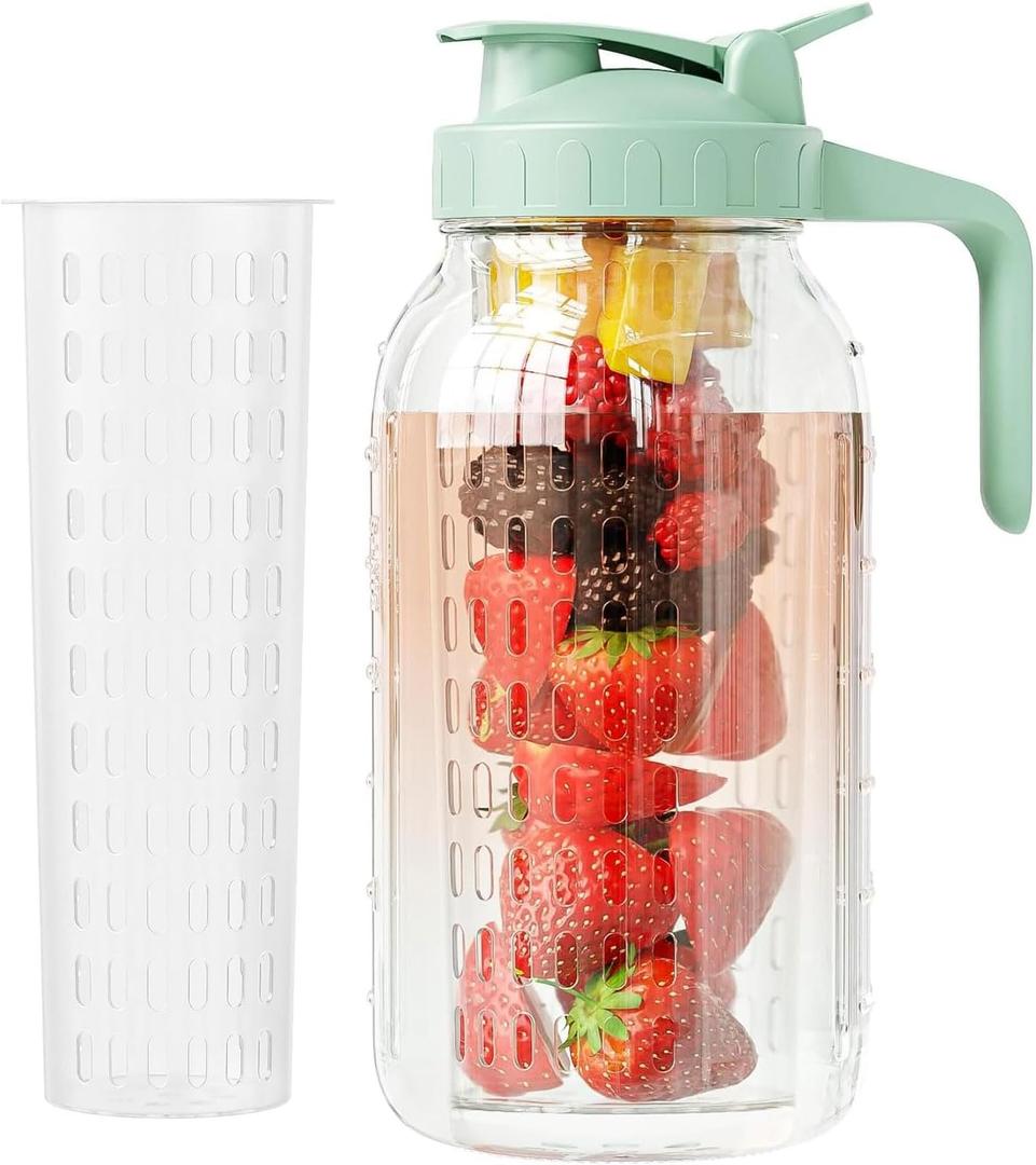 JunVpic Glass Mason Jar Pitcher, 64oz (2 Quart) Wide Mouth Jug with Dual Leak-Proof Pour Spout, Handle Lid for Fruit Drinks, Cold Brew Coffee, Ice Beverage, Iced Juice, Lemonade, Sun Tea Container