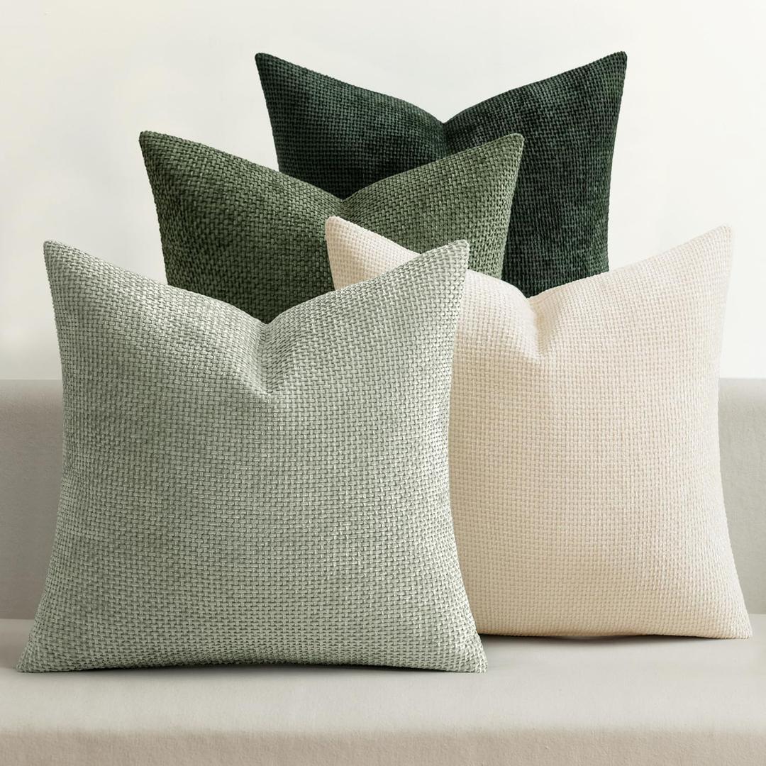 MIULEE Pack of 4 Couch Throw Pillow Covers 18x18 Inch Neutral Green Soft Decorative Chenille Pillow Covers Farmhouse Accent Cushion Covers for Boho Home Decor Spring Sofa Bedroom Living Room (18" x 18" (Pack of 4))