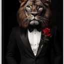 OAAPITI Lion In Suit Wall Art Gentleman Lion With Rose Canvas Print Elegant Animal Art for Living Room Bedroom Bathroom Modern Home Decoration(Artwork-6,16"x24")