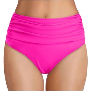 Tempt Me Women's High Waisted Bikini Bottom Tummy Control Ruched Bathing Suit Swim Bottom (Pink) M