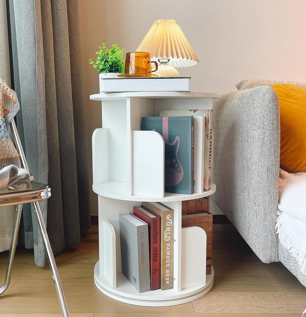 Heehee Wooden Rotating Bookshelf 360 Display Floor Standing Bookcase Storage Rack for Kids&Adults Multi-Functional Bookshelf Organizer (White (2-Tier))