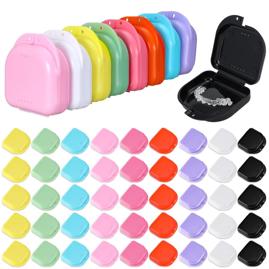 Nuenen 64 Pcs Retainer Case with Vent Holes Mouth Guard Container Case Dental Storage Container Multicolor Dental Retainer Box for Office Travel Household, 9 Colors (Light Color)