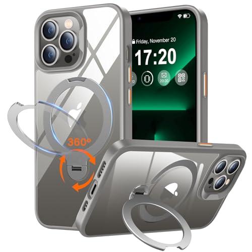 PuyaTeya 360° Rotatable Magnetic Stand for iPhone 13 pro max Case Compatible with Mag-Safe 16FT Military Drop Protection, Anti-Scratch/Fingerprint Shockproof iPhone 13 pro max Phone Case(Clear-Grey)