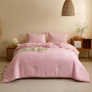 Caressma Pink Comforter Queen Set Lightweight Microfiber Soft Hotel, Neutral Solid All Seasons