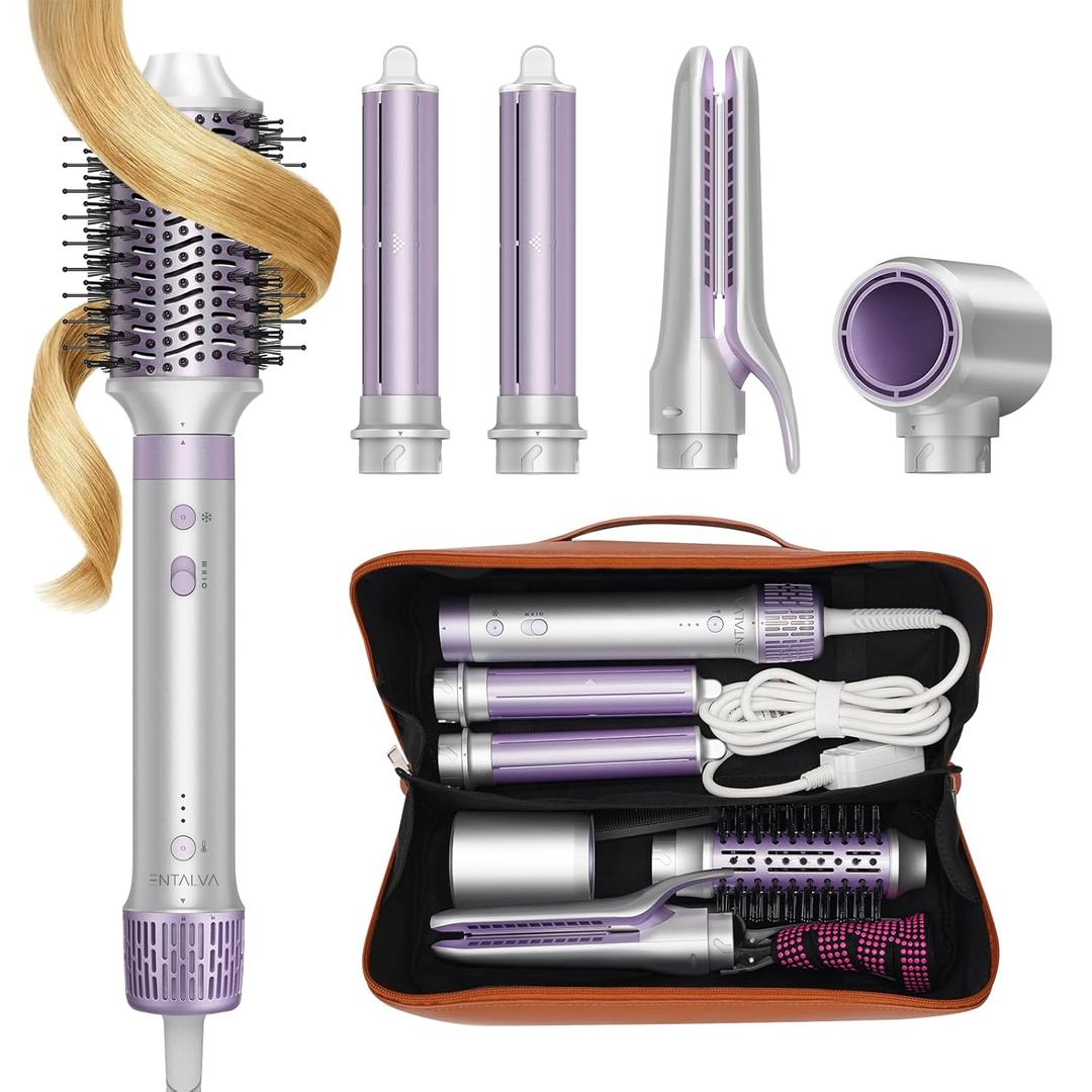 5 in 1 Hot Air Styler- Blowout Brush Hair Dryer Set for Salon Blowouts, Smooth Curls, Volumizing and Straightening, Professional Hair Styler Set, Anti-Frizz, Compact Design with Travel Bag (Purple)