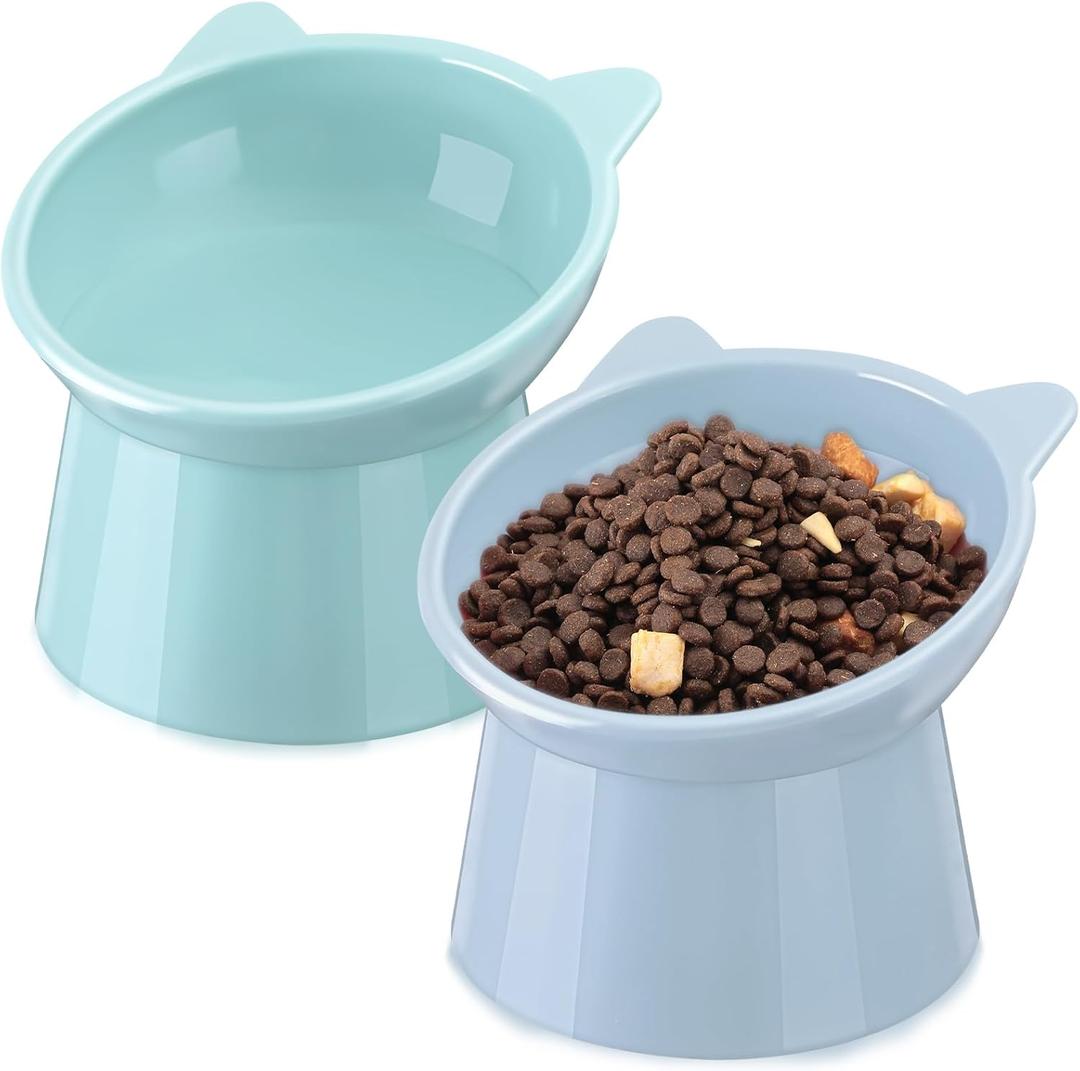 Zhehao 2 Pieces Plastic Raised Bowl Tilted 15 Degrees Elevated Cat Food and Water Bowls Set Anti Vomit Dog Kitten Food Dishes Pet for Cats and Small Dogs(Cat Ears,Light Green, Blue)