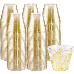 I00000 200pcs Gold Plastic Cups - 9 OZ Hard Gold Glitter Disposable Cups for Cocktail & Drinking - Premium Disposable Plastic Glasses with Gold Glitter for Fancy Wedding Cups Elegant Party Glasses