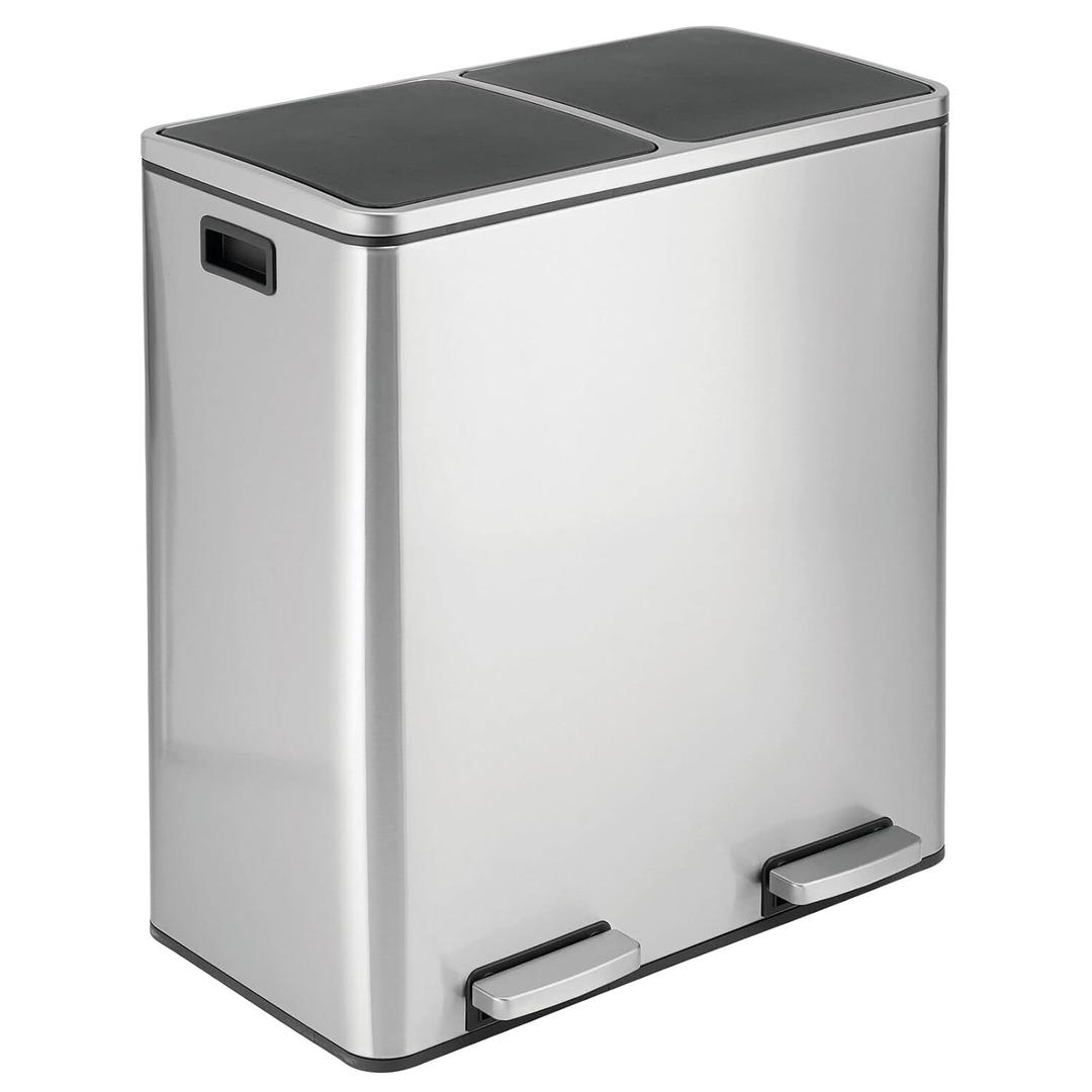 mDesign Metal Steel 16 Gallon/60-Liter, Dual Compartment Step Trash Can; Double Bin Trash Can/Recycler Combo for Kitchen; Holds Garbage, Recycling; Features Two Removable Liner Buckets, Brushed Chrome