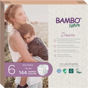 Bambo Nature Hypoallergenic Baby Diapers, Eco-Labelled Sustainable Diapers, Enhanced Leakage Protection, Totally Chlorine-free, Skin Friendly, and Super Absorbent - Size 6 (144 Count)