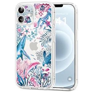 Dibrell for iPhone 12 Case, [Full Camera Protection] [Not Yellowing] [Military-Grade Drop Protection] Cute Clear Slim Shockproof Protective Phone Cover for Women Girls 6.1", Undersea Song/ Blue