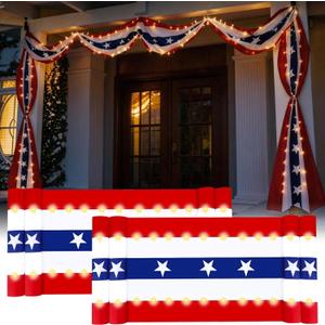 4th of July Decorations, American Flag Bunting with Lights, 2 Pcs, 20x1.6 ft, Red White and Blue Patriotic Banner for 250th Anniversary Decorations (2 Pcs-Wiring Required)
