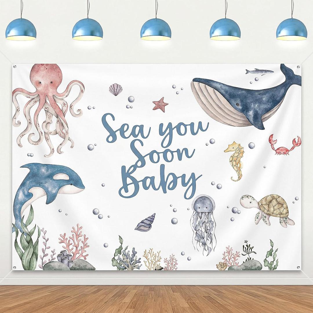 Sea You Soon Baby Cute Theme Backdrop Banner 6.5x5FT Watercolor Photo Background for Baby Shower & 1st Birthday Party Decorations