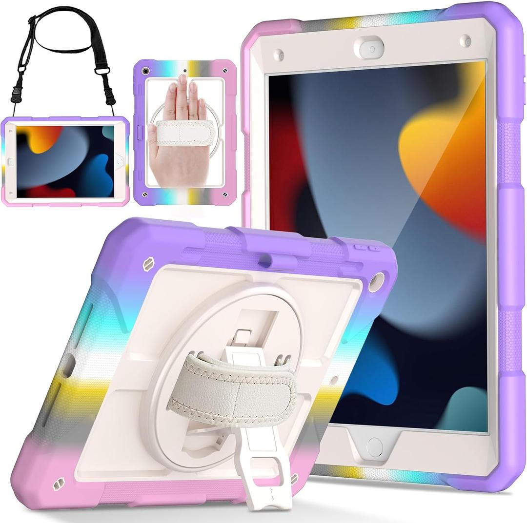 LTROP Case for iPad 9th/8th/7th Generation 10.2 Inch (2021/2020/2019) [ShoulderStrap][Pencil Holder][Swivel Stand], Protective Cover for iPad 9/8/7 Gen 10.2 - Multicolor/Beige