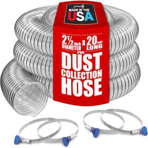 PVC Dust Collection Hose w/4 Thumbscrew Clamps, Puncture Resistant, Carbon Steel Wire, Clear Flexible PVC Dust Collector Hose, Proudly Made in USA (2 1/2" x 20')