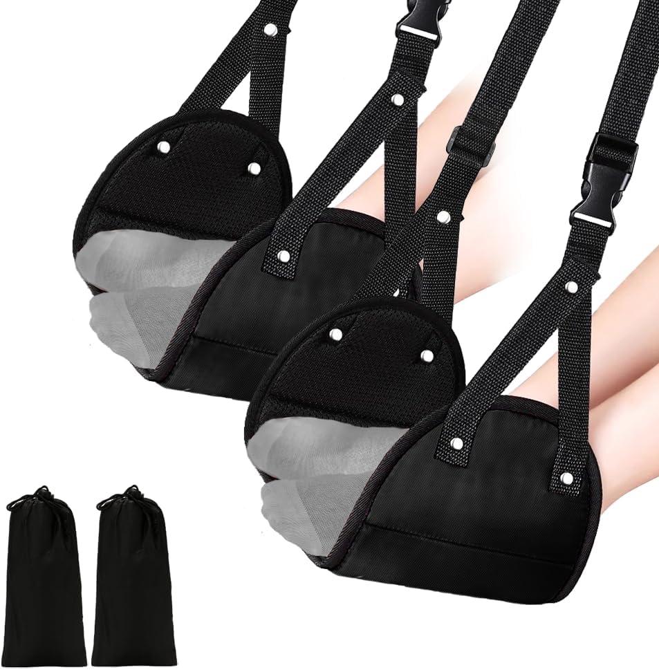2 Pack Airplane Travel Footrest Hammocks, Adjustable, Black, Memory Foam, Foot Hammock for Airplane Travel