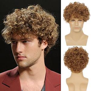 Mens Short Curly Light Brown Wig with Bang Synthetic Cosplay Halloween Costume Party Natural Hair Wig