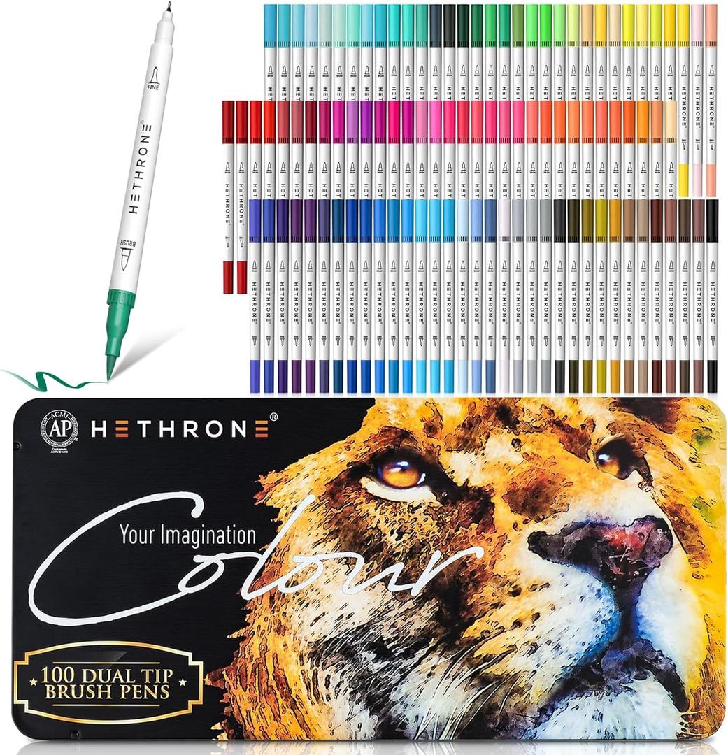 Hethrone Markers for Adult Coloring - 100 Colors Dual Tip Brush Pens Art Markers Set, Fine Tip Markers for Calligraphy Painting Drawing Lettering (100 Colors White Lion)