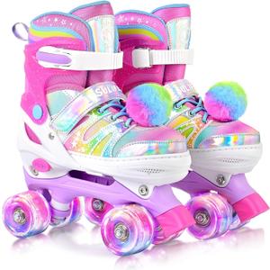 SULIFEEL Rainbow Tie-Dye Adjustable Roller Skates for Girls Kids Pink Purple Light Up Skate with Fluffy Pom Poms Triple Protection for Indoor Outdoor Skating (Small - Little Kid)