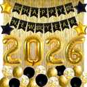 JOJO FLY New Years Eve Party Decorations Kit, Gold 2026 Balloons, Happy New Year Banner, Gold Foil Curtain, Black and Gold Balloons Set, New Years Eve Party Supplies 2026