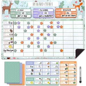 Reward Chart for Multiple Kids 17 x 12 Inch Dry Erasable Chore Chart | Magnetic Responsibility Chart, Chore Chart, Behavior Chart,Star Chart for Toddlers | Large Size with White Board Marker