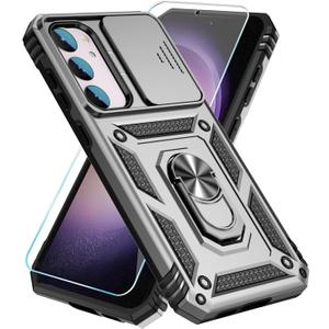 SunStory Phone Case for Samsung Galaxy S23 Case with HD Screen Protector & Slide Camera Cover & Rotated Ring Kickstand, [Military-Grade] [2 in 1] Phone Case for Galaxy S23 6.1'',Silver
