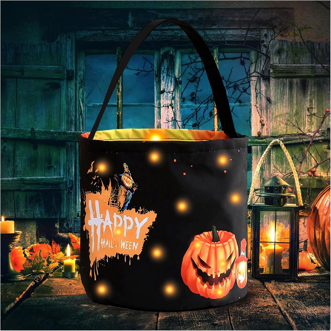 Halloween Trick or Treat Candy Bags LED Light Up Pumpkin Bucket, Collapsible Reusable Candy Basket, Fabric Gift Goody Bags for Kids Halloween Party (Black)