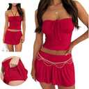 Hafailia Summer Two Piece Outfits for Women Y2K Going Out Tie Ruched Tube Crop Tops Low Rise Pleated Mini Skort Skirt Sets, M