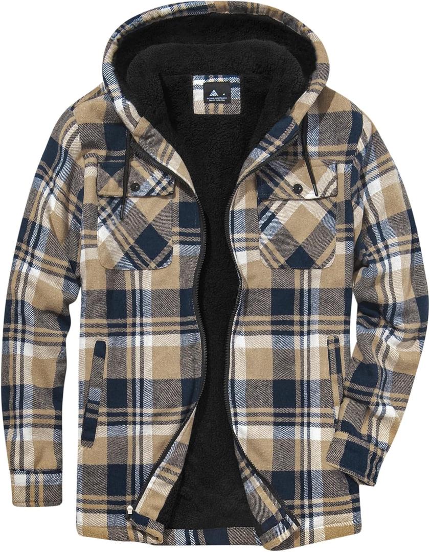 SCODI Men's Flannel Jacket Sherpa Lined Hoodies Zip Up Fleece Plaid Shirt Jackets Winter Outdoor Coat Warm Outwear (X-Large, Blue Khaki)
