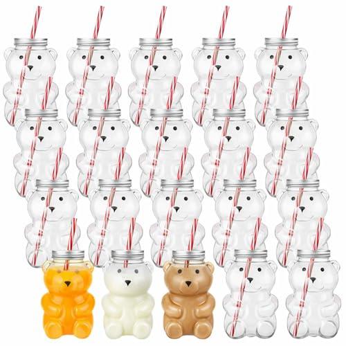 Sliner Valentine Bear Bottles with Straws Including Plastic Bear Drink Empty Bottle & Straws & Caps for Valentine Party Juice Milk Cup Drink Water Container
