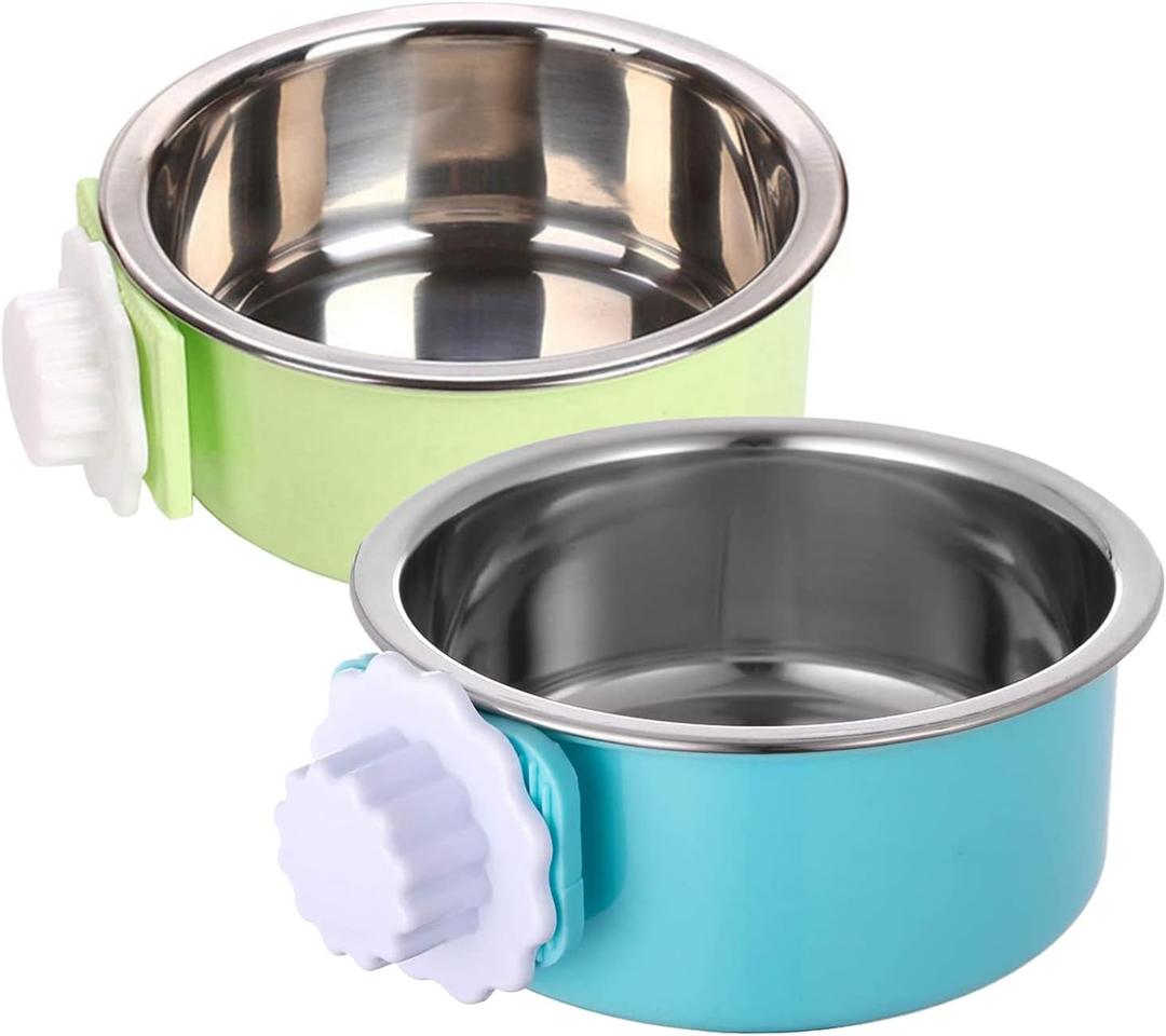 Dog Crate Bowl, Hanging Stainless Steel Removable Pet Crate Water & Food Bowls, Pet Cage Feeder Container Coop Cup for Cat Puppy Birds Rats Guinea Pigs Rabbit Hamster (2PCS) (Green/Blue)