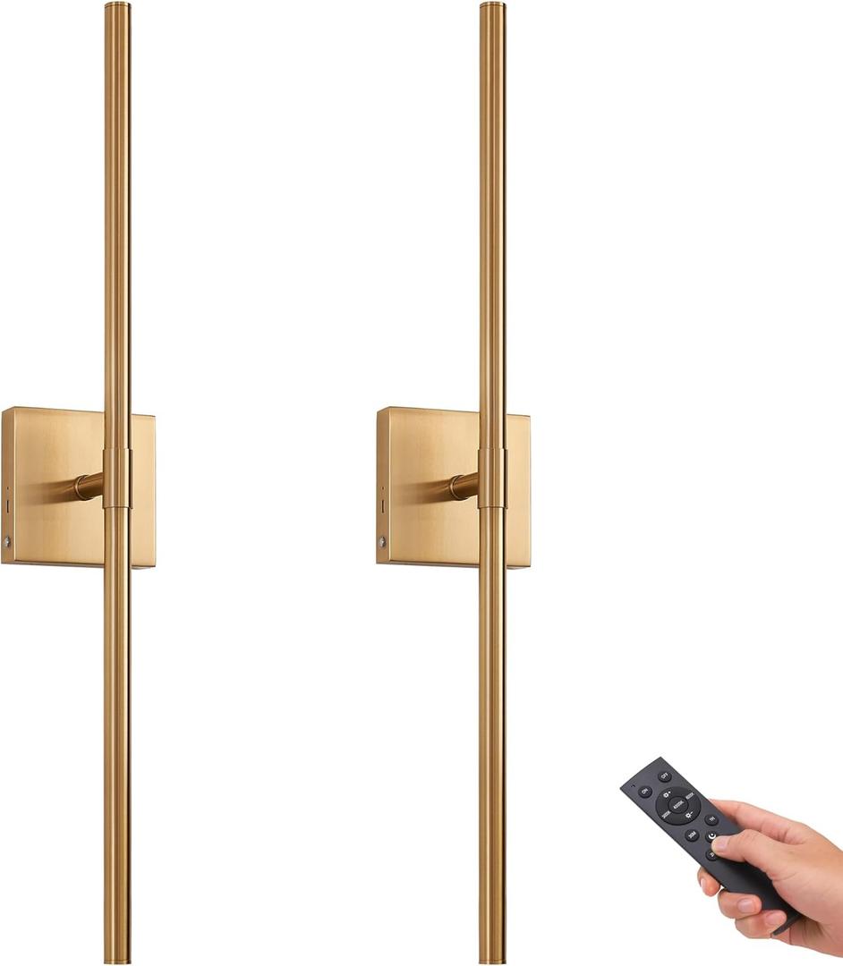 Battery Operated LED Wall Sconces Set of 2, 25" Wireless Rechargeable Gold Wall Lights with Remote Control, 3 Color Stepless Dimming 360 Rotate Wall Decor Lamp for Living Room Hallway Bedroom