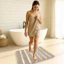 Bathroom Rugs Set 2-Piece – Soft Fluffy Stripe Rug, Bath Mat & Shower Mat, Non Slip Rubber Backing, Water Absorbent, Décor, Machine Washable Bathroom Decor, 20"x32"+17"x24", Taupe/Pure White