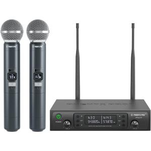 Phenyx Pro Wireless Microphone System, Dual Wireless Mics, w/ 2 Handhelds, Auto Scan, 2x100 UHF Frequencies, 328ft Range, Dynamic Microphone for Singing, Karaoke, Church(PTU-71-2H)